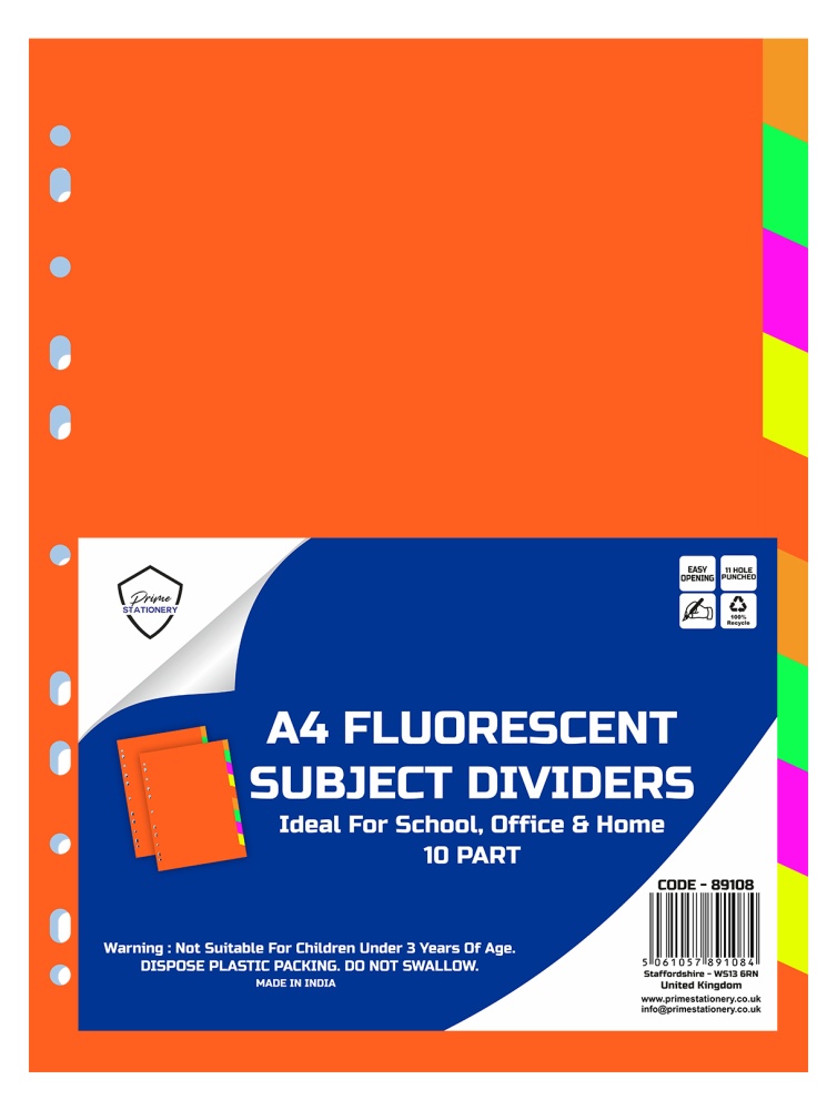 Prime A4 Fluorescent Subject Dividers 10 Part